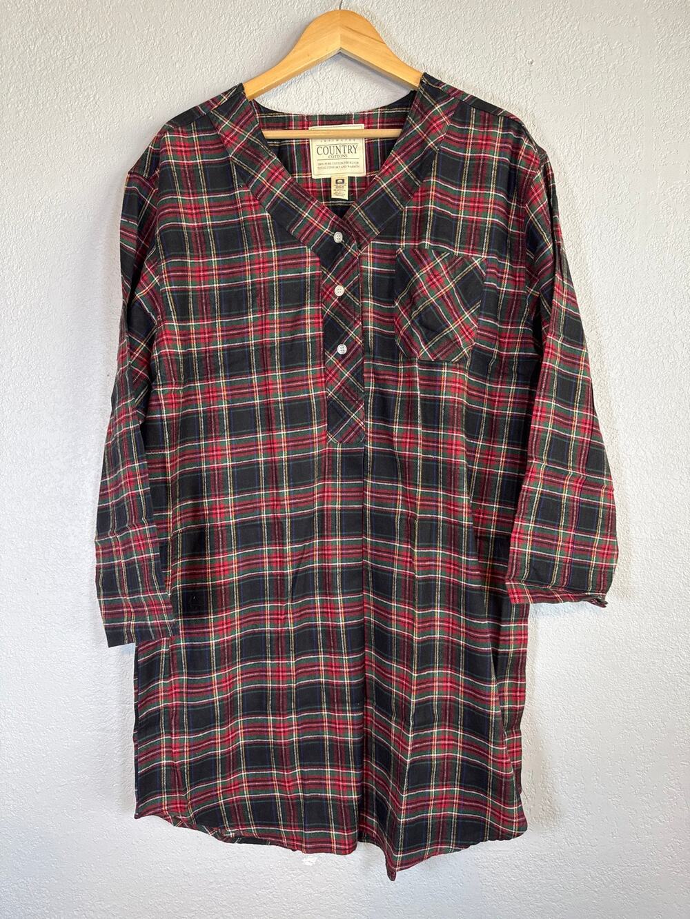 Vintage Country Cottons Plaid Flannel Nightgown Womens XL Red Henley Grannycore